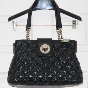 KATE SPADE Large Quilted Black Leather Satchel Gold Turn Lock Chain Handles Bag